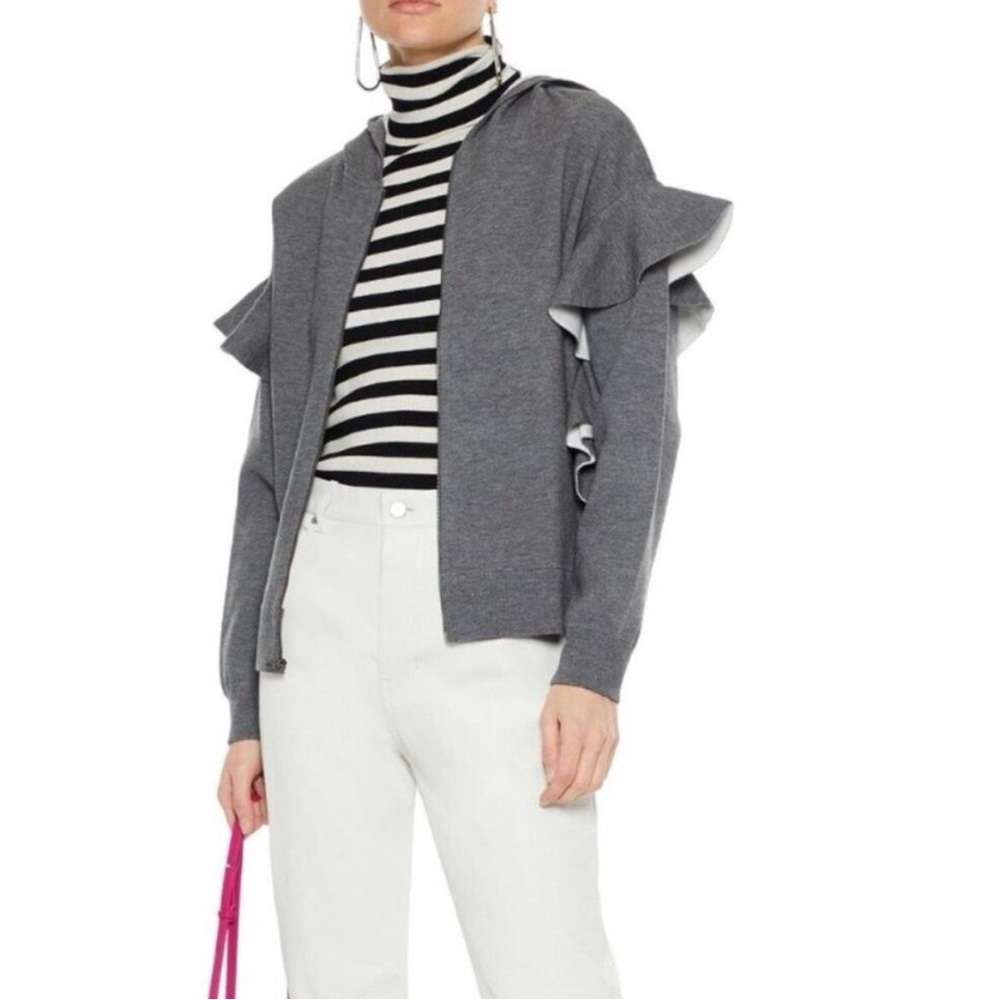 Alice + Olivia Harris Ruffled Jersey Full Zip Hoodie in gray size xs 19.5 PTP